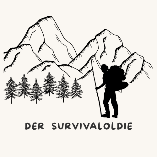 The drawn logo of the survivaloldie: The survivaloldie is walking towards a forest; in the background you can see a mountain range.