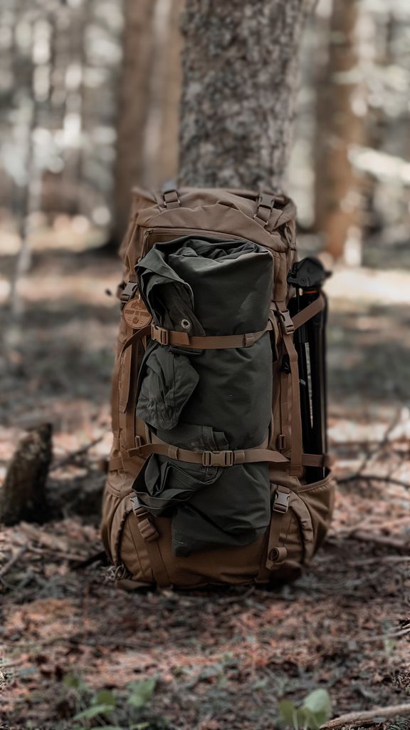 A large camping backpack in a forest in Bolu, Turkey, perfect for adventure travel.